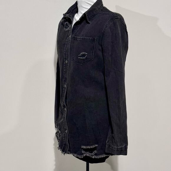 Papaya Branch Distressed Shacket‎ NWT Black size Medium Snap Front - Picture 7 of 16